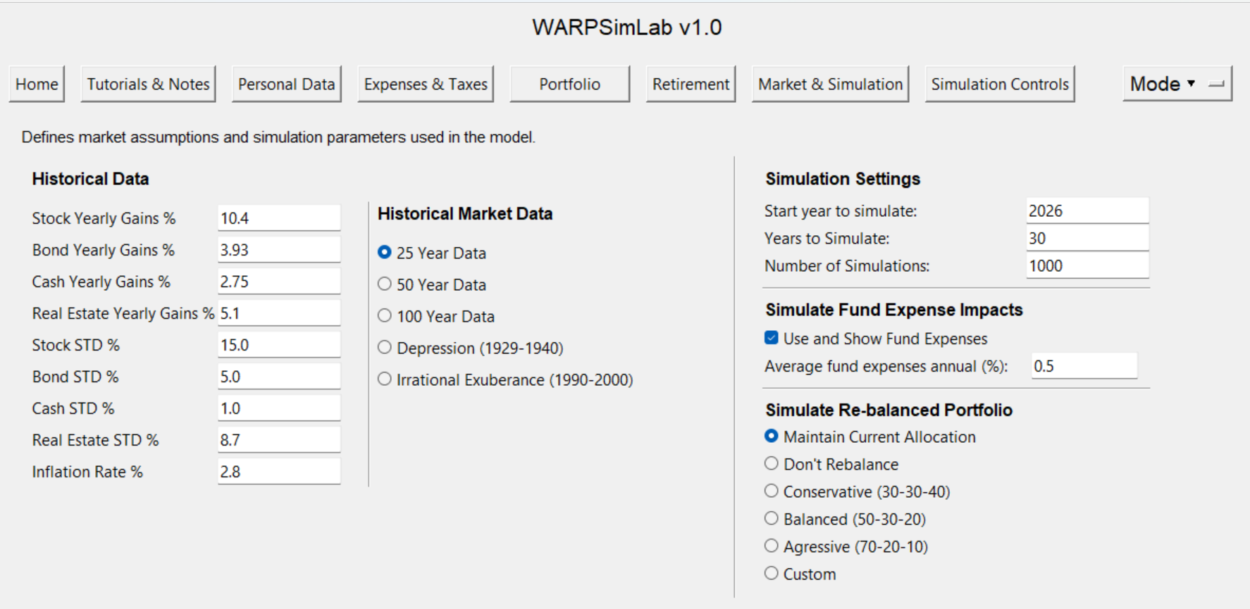 WARPSimLab market and simulation tab showing historical market assumptions, simulation settings, and rebalancing options.