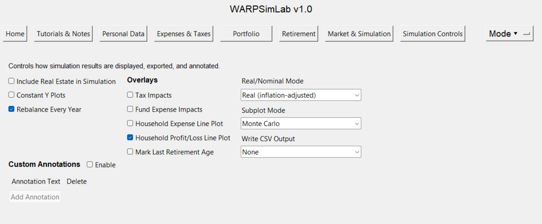 WARPSimLab simulation controls tab showing display options, overlays, output settings, and annotation controls.